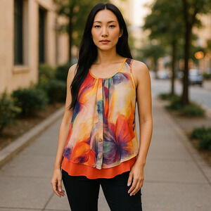 Patrizia Luca Milan Brightly Watercolor Layered Tunic Top Size Lg Summer Beach